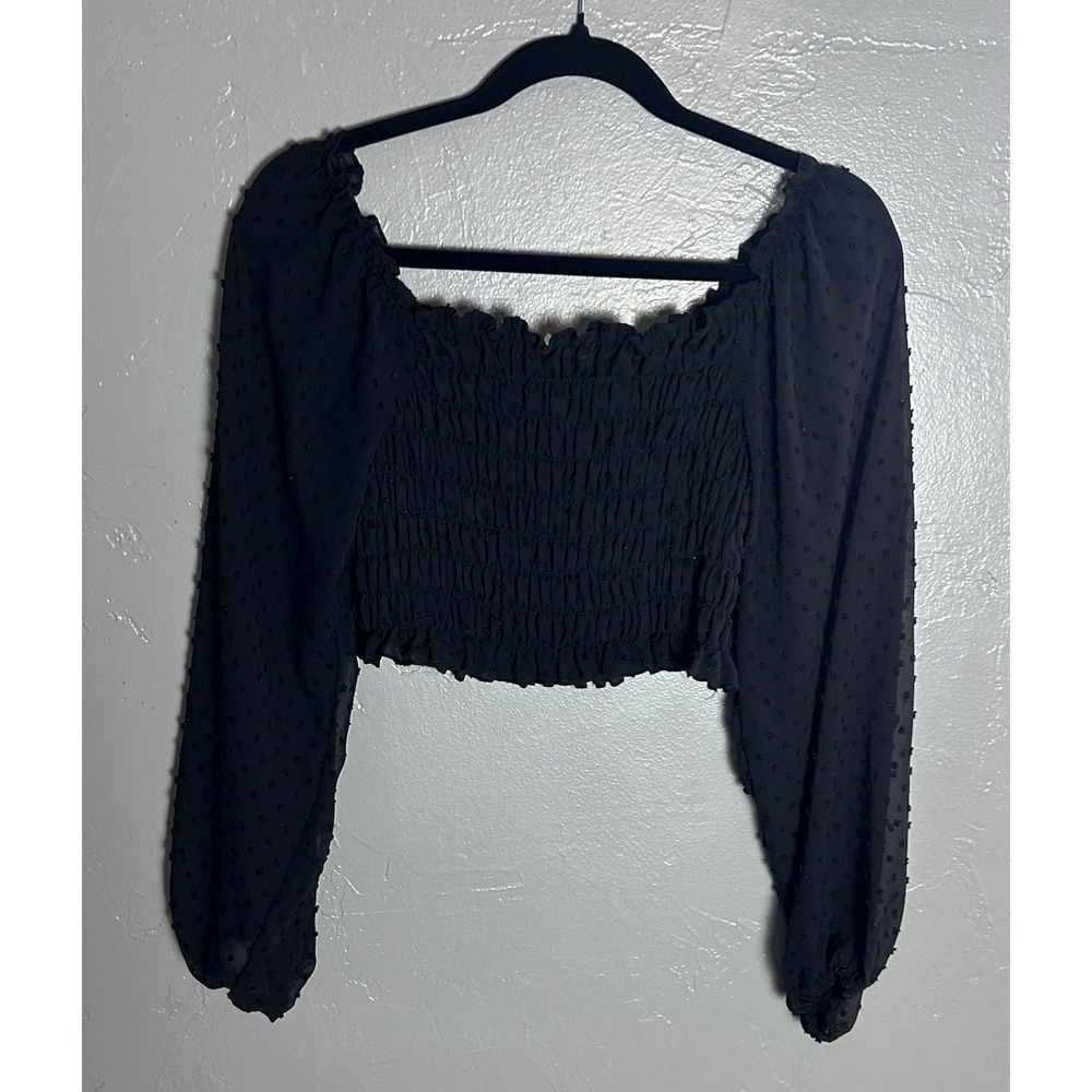 Women's Cotton On Black Babydoll Mocked‎ Top W/ Balloon Polka Dot Sleeve Size Xs